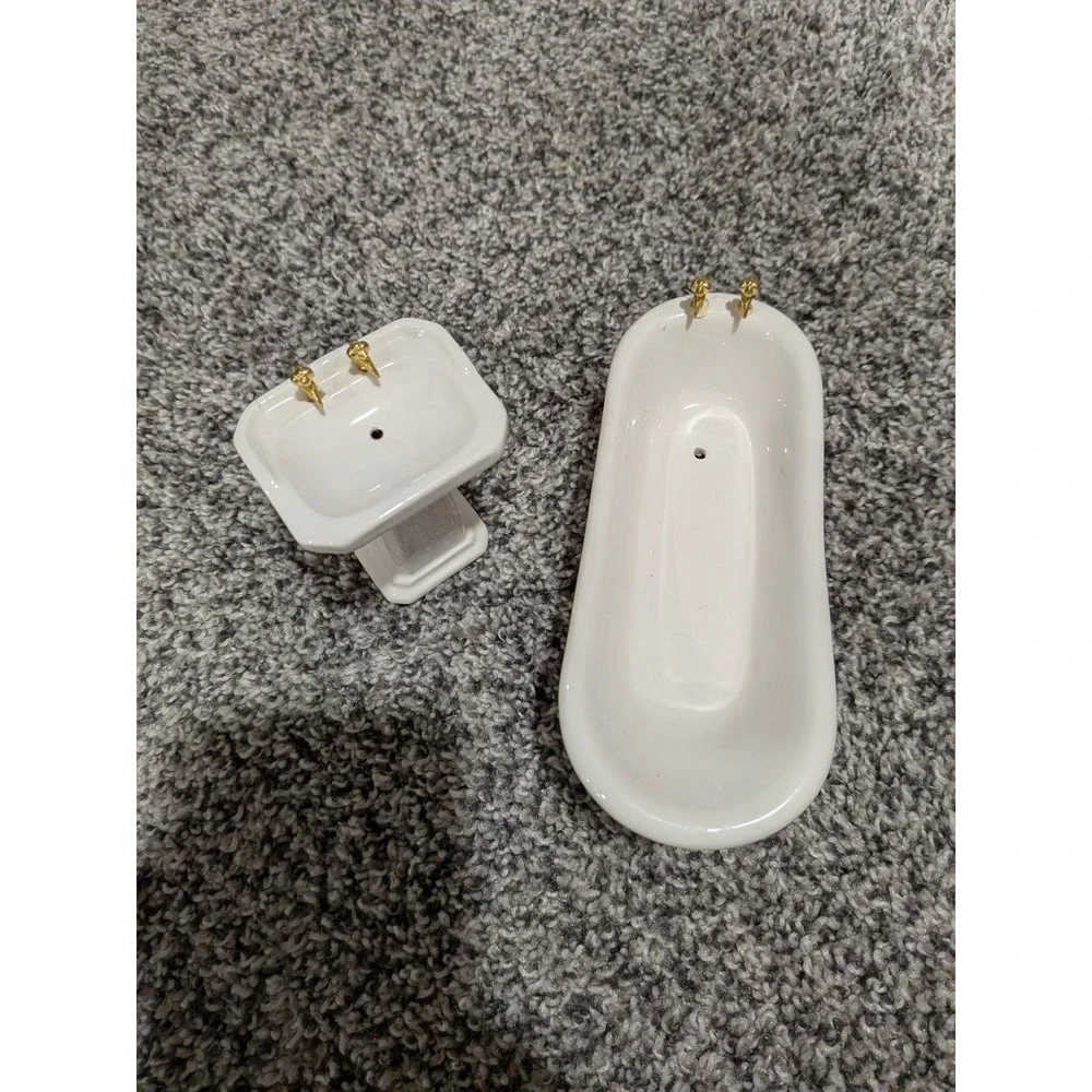 Vintage Dollhouse Miniature Porcelain Ceramic Pedestal Sink Clawfoot Tub White